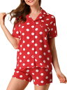 Allegra K パジャマ 上下セット 水玉 半袖 トップス ショートパンツ ルームウェア 部屋着 夏 レディース レッド1 XL(4)