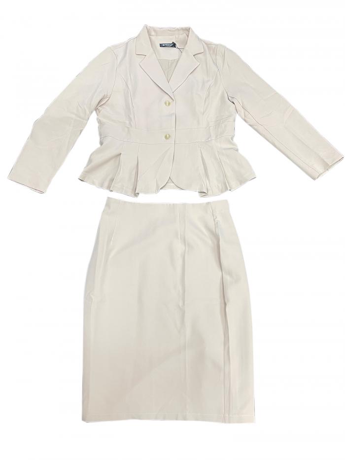 Allegra K スカートスーツ ビジネス 2ピース ブレザー ペンシルスカート セット 長袖 ノッチドラペル ペプラム レディース カーキ M