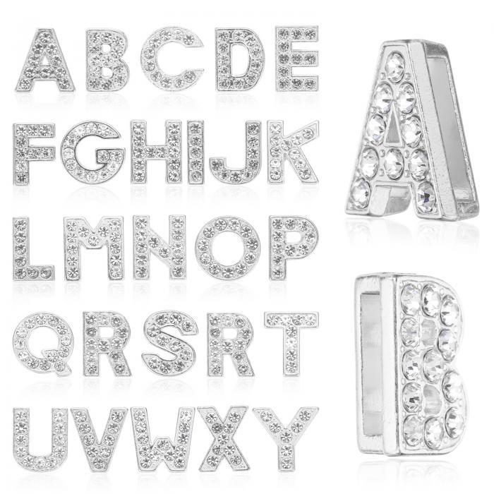 PATIKIL 26個のレター装飾、ラインストーンレターAからZ装飾水晶アルファベットスライドリストバンドペンダント、宝石メイキングレザーカラーネックレス用、シルバー、14mm