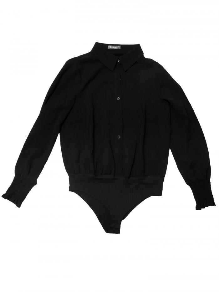 Allegra K レディース 長袖 レオタードシャツ 襟付き ビジネス ドレッシー ボディスーツ トップス ブラック XL