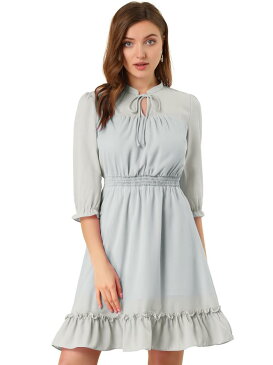 ソウテン Allegra K シフォンワンピース Aライン ウエストゴム 裾フリル 七分袖 ショート丈 無地 レディース ダークグレー XS