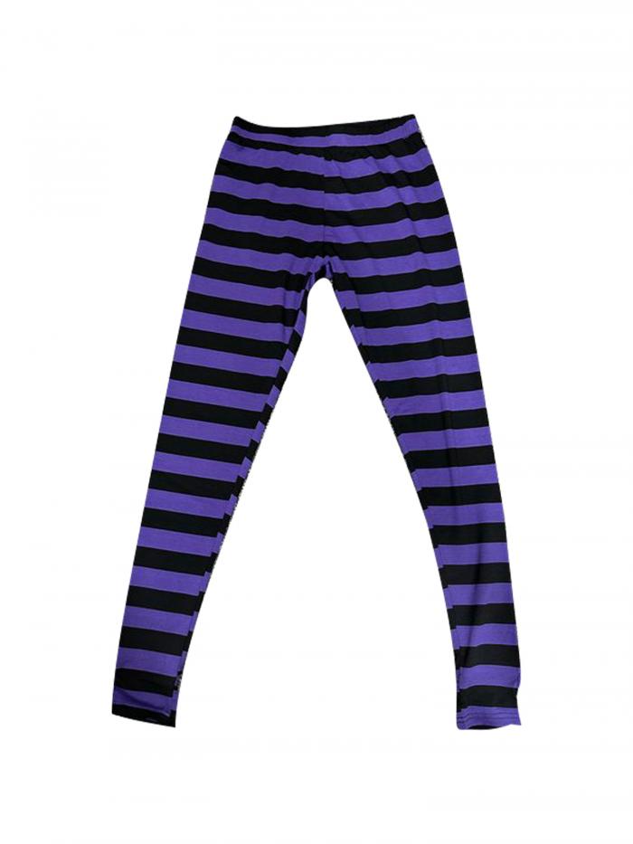Allegra K レギンス ボーダー スパッツ トレンカ ハイウエスト ウエストゴム ヨガパンツ レディース 紫黒ストライプ M
