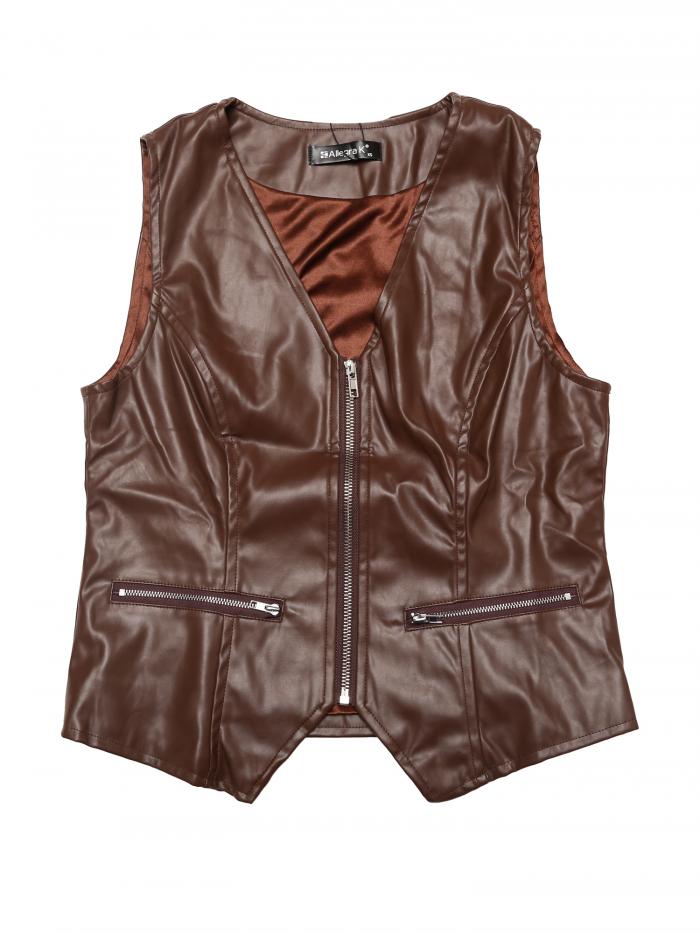 Allegra K レディース フェイクレザー ウエストコート Vネック ノースリーブ ジッパー モーターサイク..