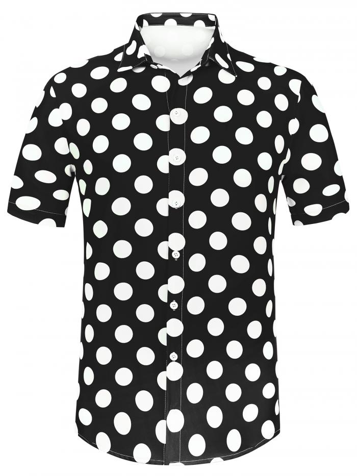 Lars Amadeus アロハシャツ 水玉シャツ ボタンダウン 半袖トップス サマー メンズ ブラック XL