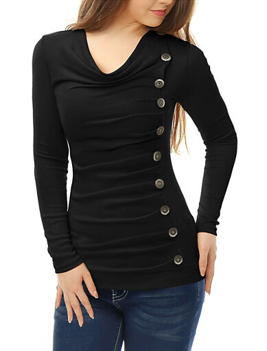 Allegra K カットソー トップス 長袖 ボタン シャーリング フリル レディース ブラック 2XL Allegra K カットソー トップス 長袖 ボタン シャーリング フリル レディース ブラック 2XL