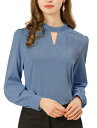 Allegra K シフォン ブラウス シャツ プリーツ 長袖 スタンドカラー チョーカー Vネック ビジネス レディース ダークブルー XL(4)