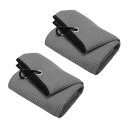 PATIKIL 50 x 40 cm 三つ折りゴルフタオル 2個 マイクロファイバーワッフル柄タオル 吸水ソフトタオル アルミクリップ付き ゴルフバッグとクラブ用 グレー
