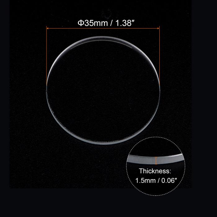 時計クリアクリスタルレンズガラス　35mm直径　1.5mm厚さ　ラウンドフラット　ミネラル高透過率　時計ガラス交換部品　時計修理用