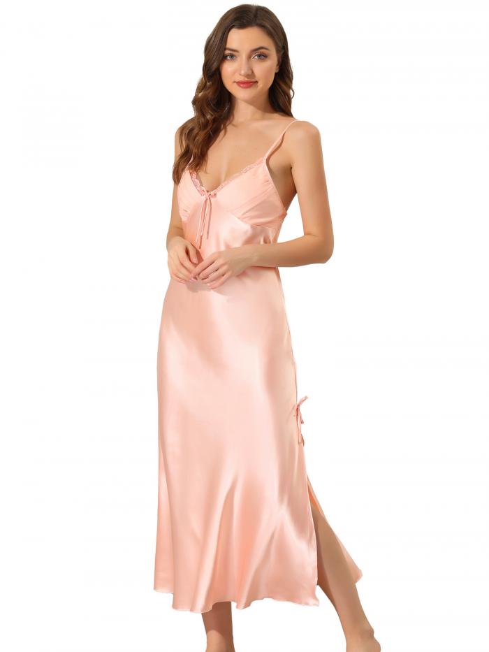 cheibear パジャマ サテン 無地 スリット V ネック ノースリーブ レース 寝間着ソフト ロング ラウンジ ドレス レディース ピンク S