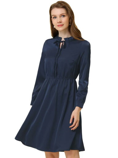 Allegra K サテンワンピース フリルネクタイネック Aライン ミディドレス レディース ネイビーブルー S Allegra K サテンワンピース フリルネクタイネック Aライン ミディドレス レディース ネイビーブルー S