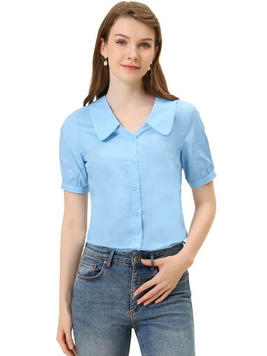 Allegra K 丸襟 シャツ ブラウス コットン オフィス カジュアル トップス レディース ライトブルー L Allegra K 丸襟 シャツ ブラウス コットン オフィス カジュアル トップス レディース ライトブルー L