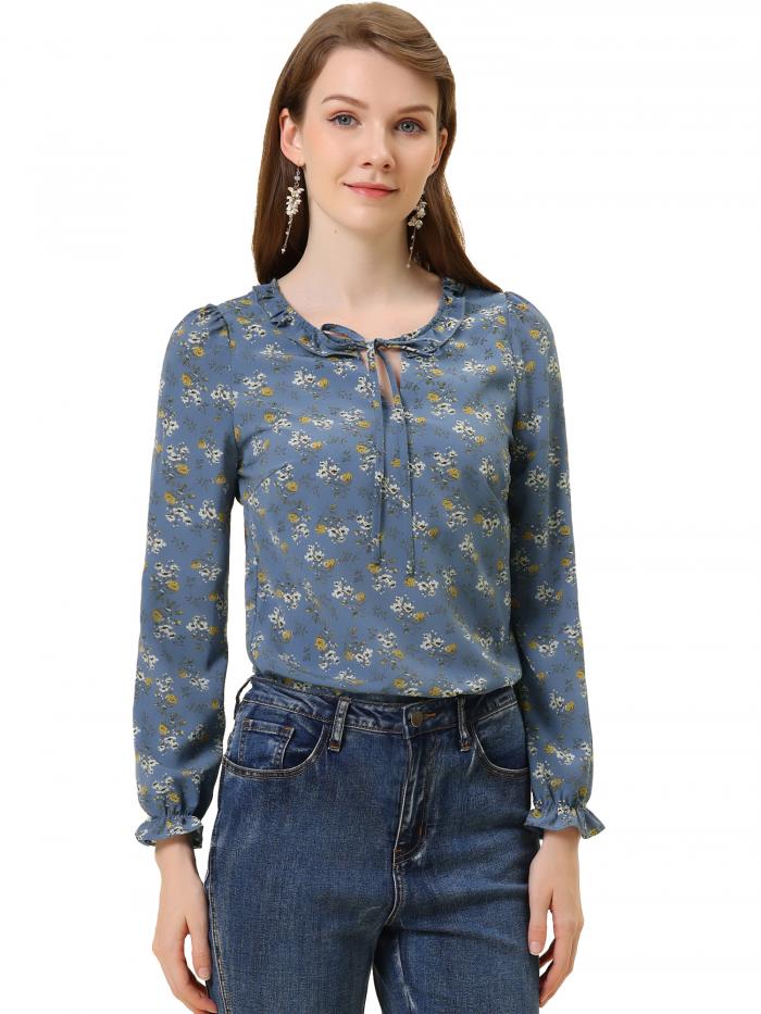 Allegra K 花柄ブラウス フリルネック ボウタイ 長袖 エレガント カジュアル レディース ダスティブルー S