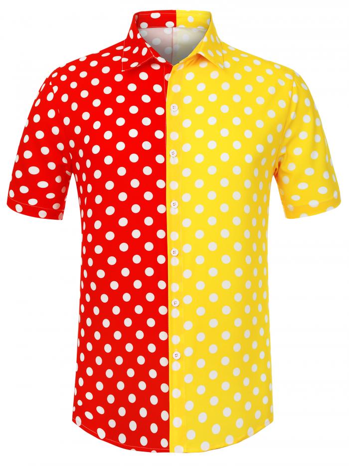 Lars Amadeus アロハシャツ サマー 水玉シャツ 半袖トップス ボタンダウン パッチワーク メンズ レッド..