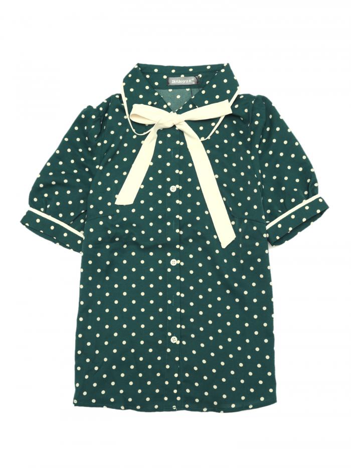 Allegra K ブラウス レディース 半袖 シフオンブラウス 折り襟 リボン シャツ パフスリーブ オフィス カジュアル トップス 着痩せ おしゃれ 通勤 OL 水玉模様 ダークグリーン Sのサムネイル