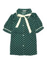 Allegra K ブラウス レディース 半袖 シフオンブラウス 折り襟 リボン シャツ パフスリーブ オフィス カジュアル トップス 着痩せ おしゃれ 通勤 OL 水玉模様 ダークグリーン L