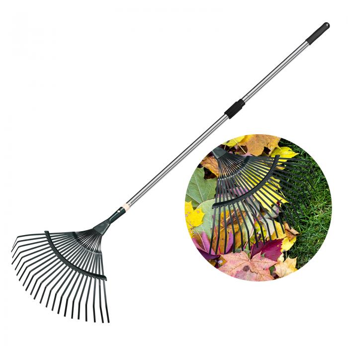葉用レーキ 107-155 cm 22歯 調節可能なガーデンリーフレーキ ステンレススチール 庭 花壇 芝生 庭の掃除用 シルバー