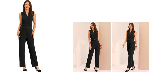 Allegra K ジャンプスーツ ロンパース オールインワン サロヘ゜ット クロップドパンツ 無地 ノースリーブ Vネック オフィス ベルト付き レディース ブラック L
