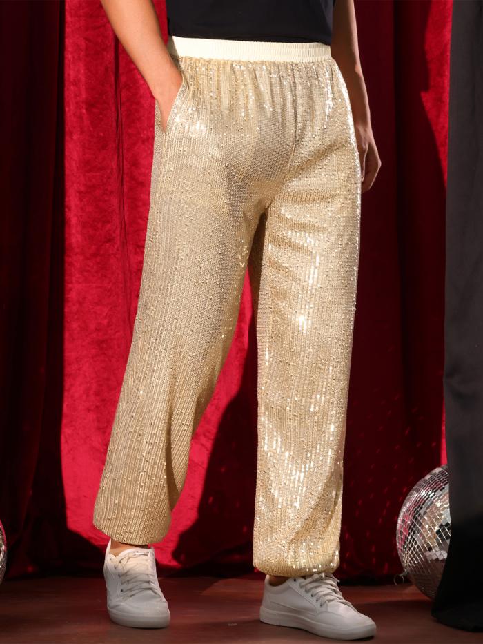 Lars Amadeus メンズ スパンコールパンツ 伸縮性ウエスト 70年代 ディスコ コスチューム ナイトクラブ メタリック 光沢 パーティー パンツ 金色 S