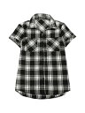 Allegra K 赤チェックシャツ 半袖 フランネル レディース ボタンダウン カジュアル 夏 ブラック XS
