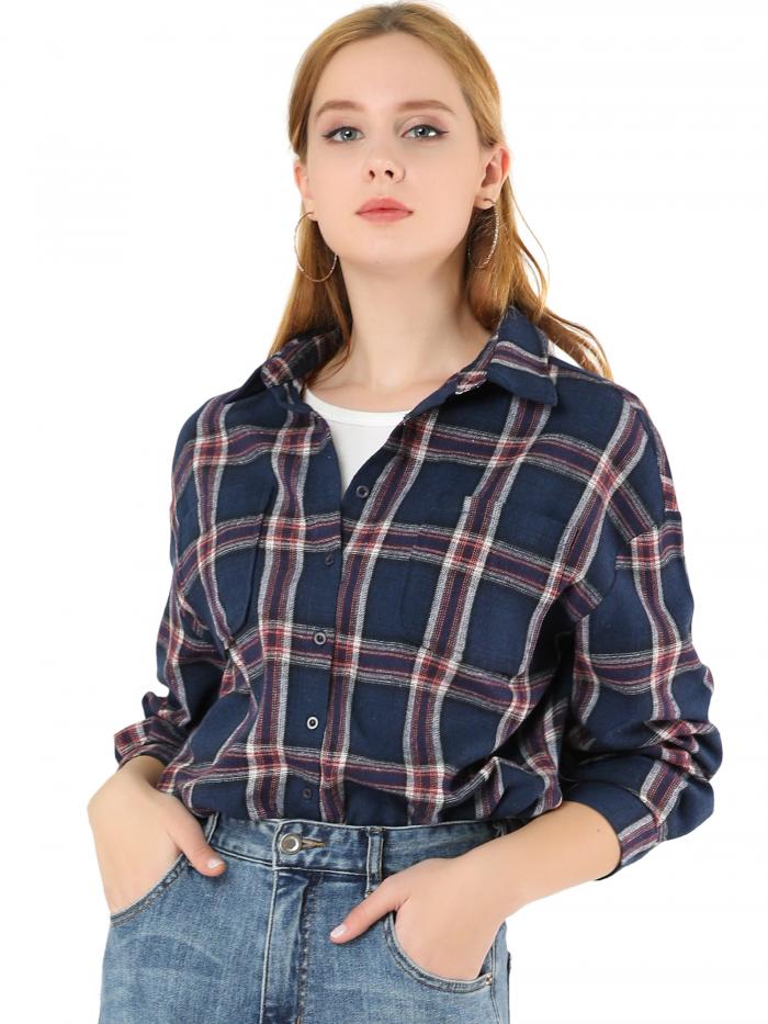 Allegra K チェックシャツ トップス 格子 チェック柄 襟付き ブラウス 長袖 ゆったり レディース ネイビーブルー M