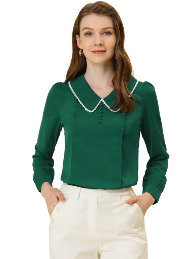 Allegra K ブラウス レディース 長袖 シフォンブラウス 折り襟 シャツ オフィス トップス 着痩せ おしゃれ 通勤 OL 春秋 ダークグリーン XS Allegra K ブラウス レディース 長袖 シフォンブラウス 折り襟 シャツ オフィス トップス 着痩せ おしゃれ 通勤 OL 春秋 ダークグリーン XS