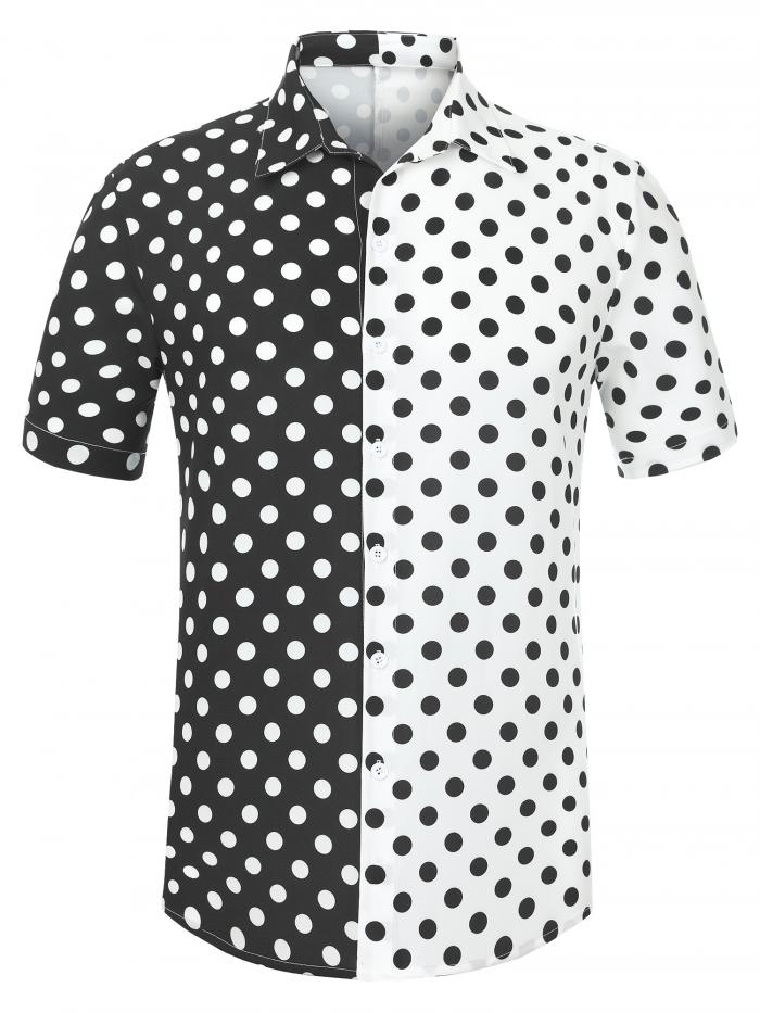 Lars Amadeus アロハシャツ サマー 水玉シャツ 半袖トップス ボタンダウン パッチワーク メンズ ブラックホワイト S