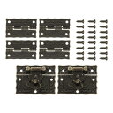 2個のミニレトロブロンズ合金ラッチロックと4個の彫刻ヒンジ 40 x 30mmのラッチバックルとパターンヒンジ 24個のネジ付き 装飾用キャビネット小さな木製ボ...