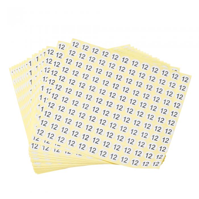 ラウンドナンバーステッカー 直径13 mm ナンバー12コート紙ラベル15枚 1980個 ブラックワード/ホワイトバックグラウンド