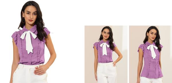 Allegra K レディースフリル半袖蝶ネクタイボタンアップシフォンピーターパンカラーシャツ パープル S