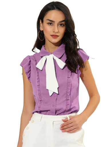 Allegra K レディースフリル半袖蝶ネクタイボタンアップシフォンピーターパンカラーシャツ パープル S Allegra K レディースフリル半袖蝶ネクタイボタンアップシフォンピーターパンカラーシャツ パープル S