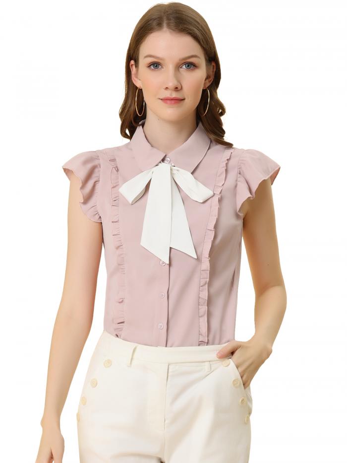 Allegra K レディースフリル半袖蝶ネクタイボタンアップシフォンピーターパンカラーシャツ ピンク XL