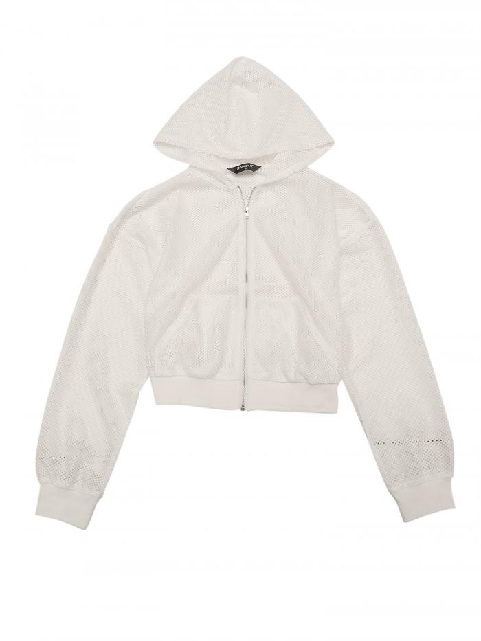 Allegra K パーカー ジャケット ジップアップ 長袖 2023 ファッション メッシュ シアー ボンバー フート付き コート レディース ホワイト L