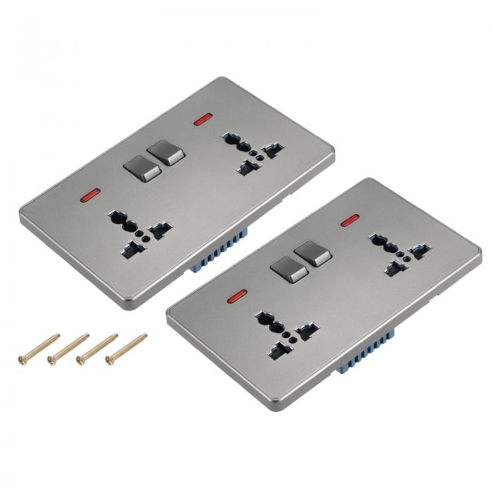 PATIKIL UK USソケット ダブルマルチ電源スイッチ グレー 250V 13A 146 mm x 88 mm 2個