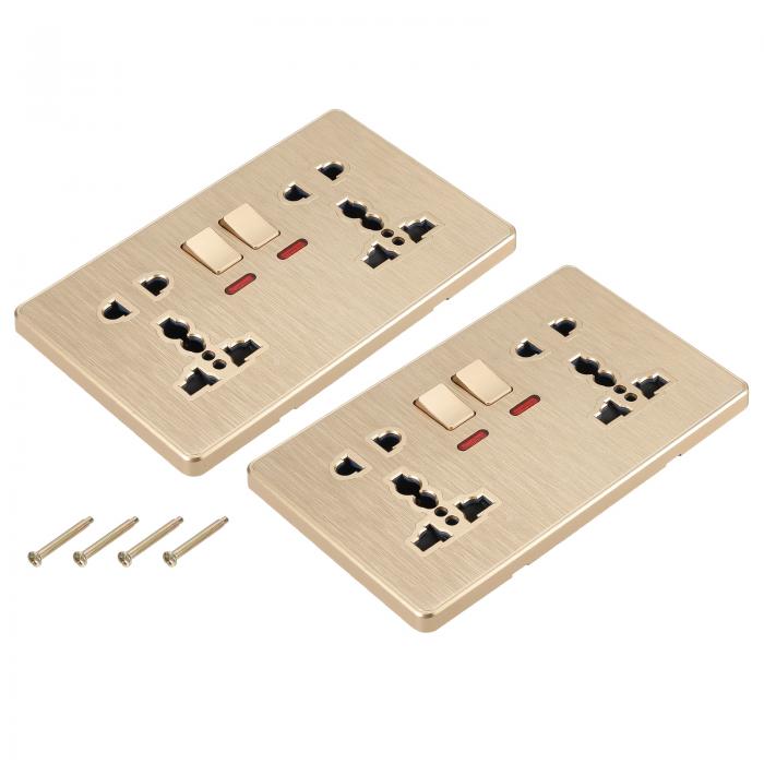 PATIKIL UK USソケット ダブルマルチスイッチ 電源コンセント 黄金色 250V 13A 146 mm x 88 mm 2個