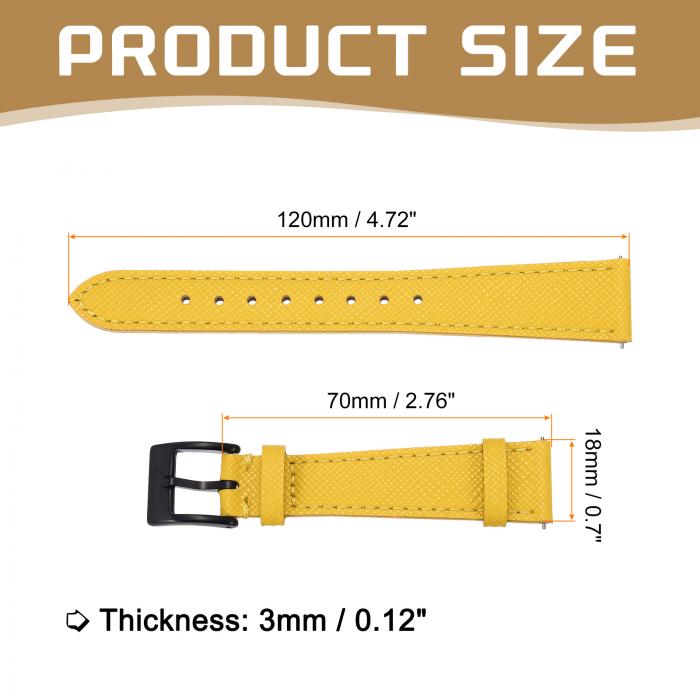 本物のレザーウォッチバンド 18mm クイックリリース交換用ウォッチストラップ ステンレススチールの黒バックル付き 男性 女性用 イエロー