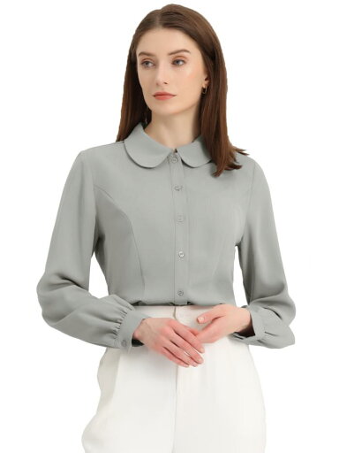 Allegra K ブラウス レディース 長袖 シフオンブラウス 丸襟 可愛い シャツ オフィス カジュアル トップス 着痩せ おしゃれ 通勤 OL グレー M Allegra K ブラウス レディース 長袖 シフオンブラウス 丸襟 可愛い シャツ オフィス カジュアル トップス 着痩せ おしゃれ 通勤 OL グレー M
