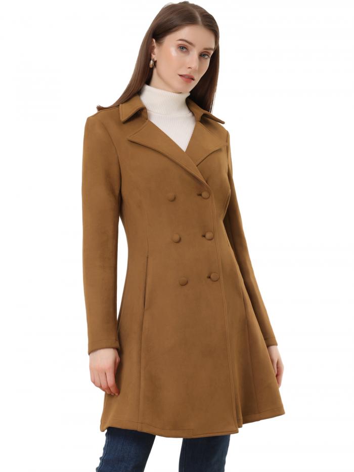 Allegra K ロングコート ジャケット ダブルブレスト ノッチドラペル 冬 エレガント レディース ブラウン M