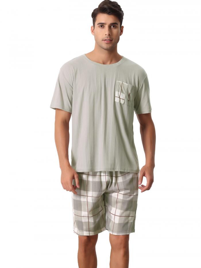 cheibear パジャマ 半袖 Tシャツ ショートパンツ付き チェック柄 パジャマセット カップル メンズ グレー S