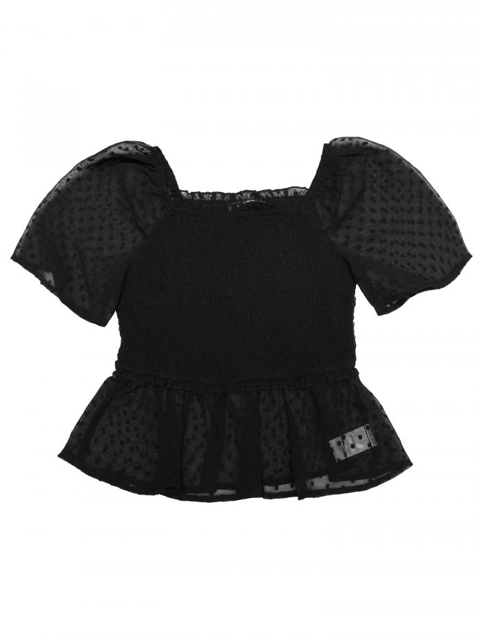 Allegra K ペプラム トップス フリル スクエアネック半袖 水玉 スモークブラウス レディース ブラック S
