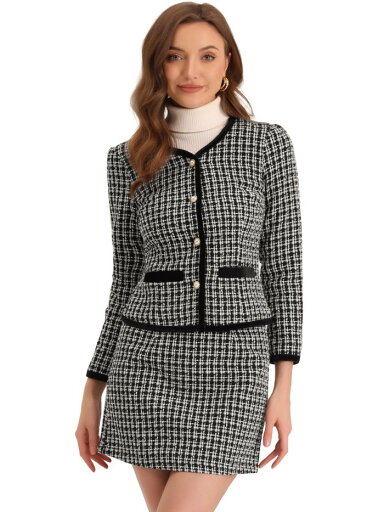 Allegra K スーツセット ショート ブレザー ジャケットとスカートのセット 2点セット チェック柄 スカートスーツ ツイード レディース ブラック XS Allegra K スーツセット ショート ブレザー ジャケットとスカートのセット 2点セット チェック柄 スカートスーツ ツイード レディース ブラック XS