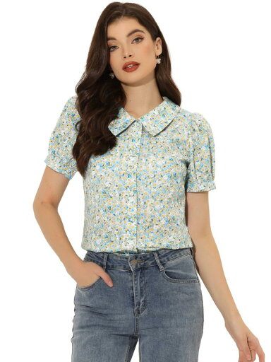 Allegra K フローラルブラウス パフスリーブターンダウンカラーボタンダウン レディース ブルー2 XS Allegra K フローラルブラウス パフスリーブターンダウンカラーボタンダウン レディース ブルー2 XS