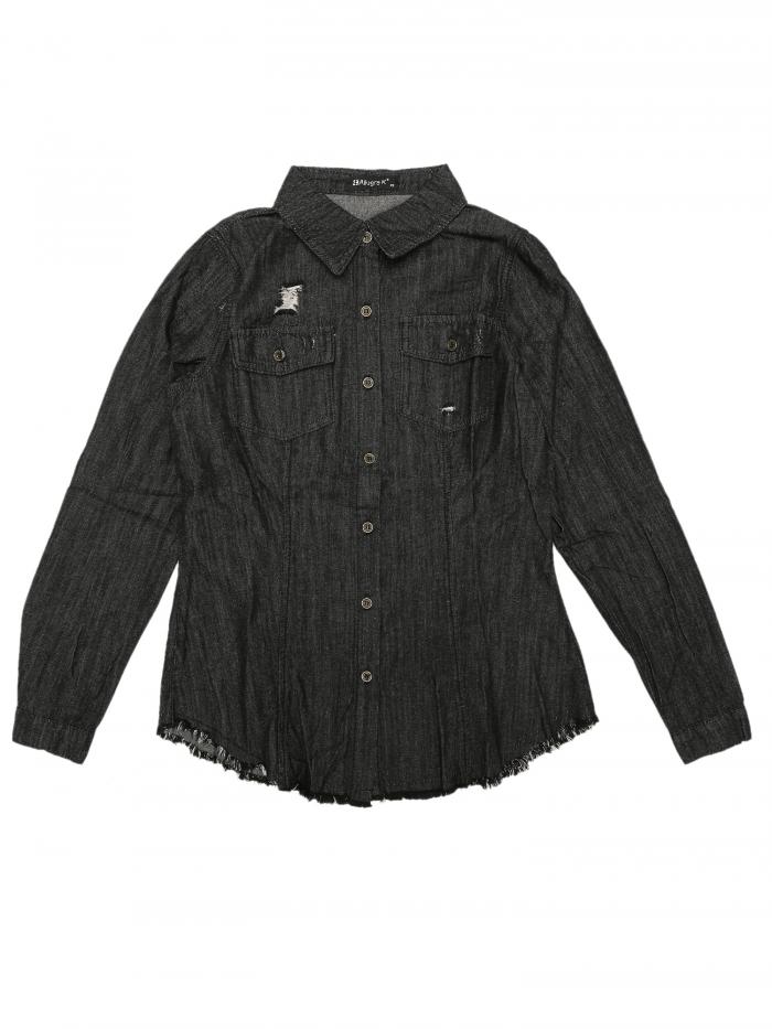 Allegra K デニムシャツ ジーンズブラウス 長袖 トップス ポイントカラー 生裾 リラックスフィット レディース ダークグレー XS