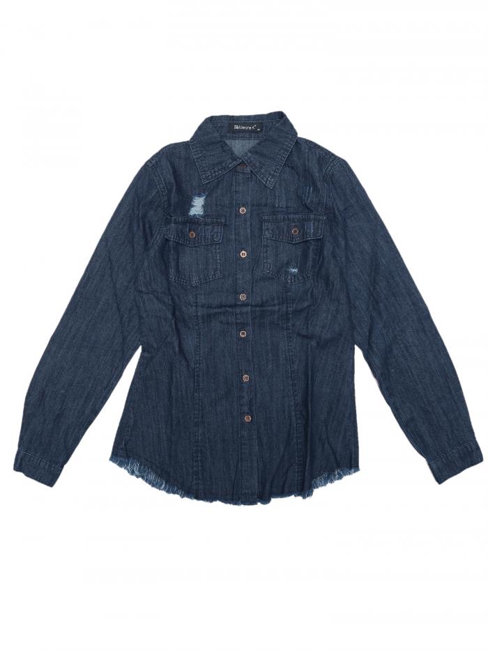 Allegra K デニムシャツ ジーンズブラウス 長袖 トップス ポイントカラー 生裾 リラックスフィット レディース ブラックブルー M