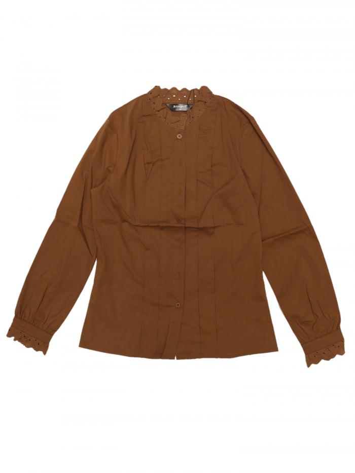 Allegra K オフィスシャツ 長袖 モックネックレースボタン アップ フリル エレガント レディース ブラウン S