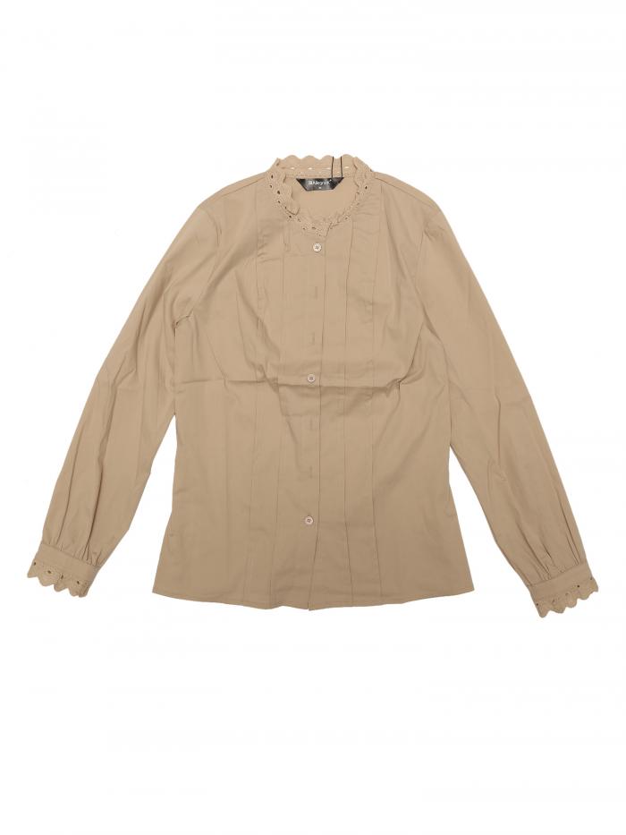 Allegra K オフィスシャツ 長袖 モックネックレースボタン アップ フリル エレガント レディース カーキ L