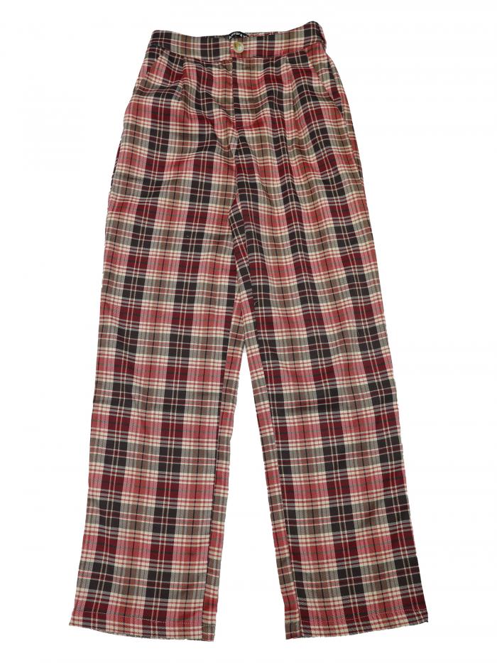 Allegra K チェック柄 ストレートパンツ ズボン ワイドパンツ 格子縞 通勤 カジュアル レディース レッドブラウンベージュ S