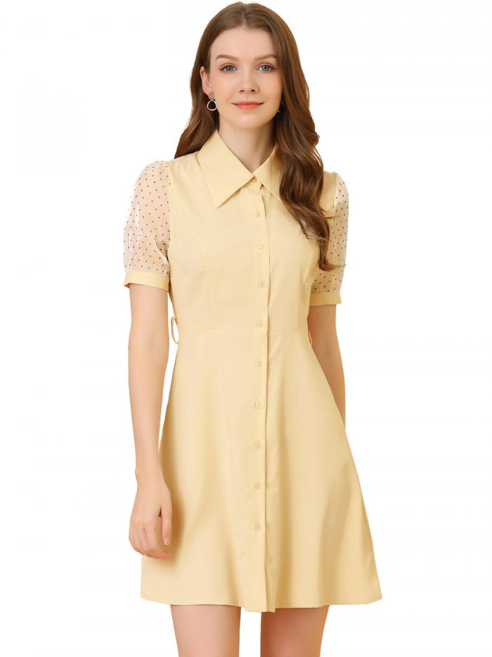 Allegra K シャツドレス カジュアルワンピース 薄手 短袖 ボタンアップ 襟付き レディース イエロー M