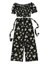 Allegra K ワイドパンツ トップス 2点セット スモッククロップトップ 花柄 ツーピース スクエアネック ネクタイウエスト レディース ブラック S