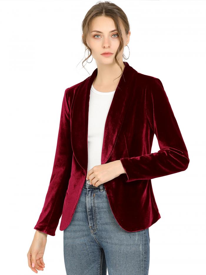 Allegra K ベルベット ブレザー コート ショール襟 ボタン留め オフィス 事務服 無地 レディース ワインレッド M