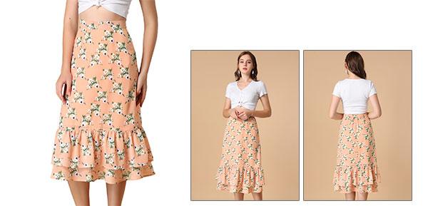 ソウテン Allegra K ティアードスカート 花柄 aライン フリル裾 ミディ ミモレ丈 ウェストゴム レディース ピンク L